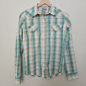 Wrangler Wrancher Plaid Western Cowgirl Farm size small Petite Green White